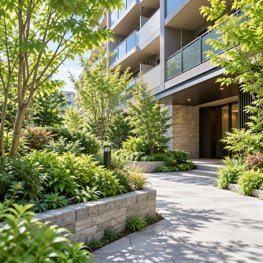 マンションの緑を、心地よい毎日の景色に。植栽剪定から土壌改良まで、建物と暮らしに合わせた庭のメンテナンスをご提案します。