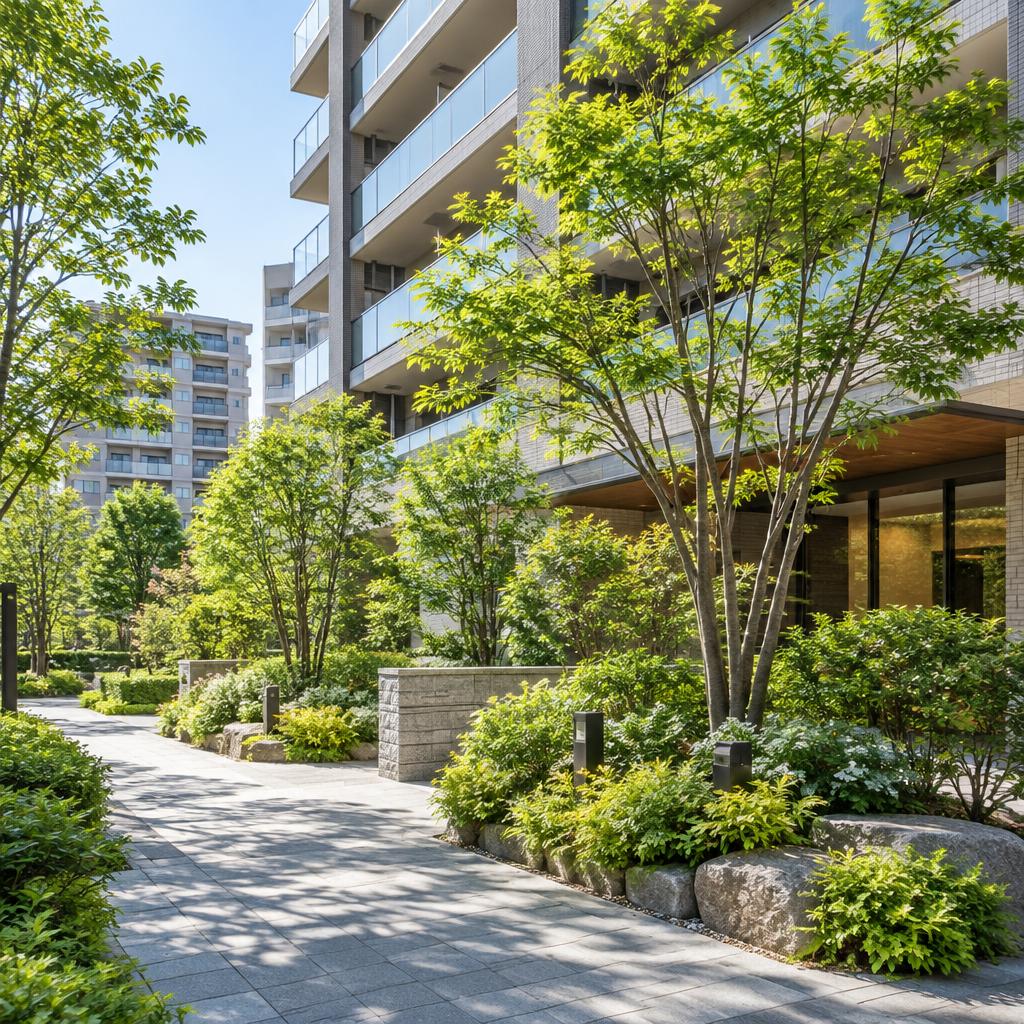 立川市のマンション植栽を、建物に調和する美しい景色へ。樹木の健やかさと管理のしやすさを両立する剪定プランをご提案します。